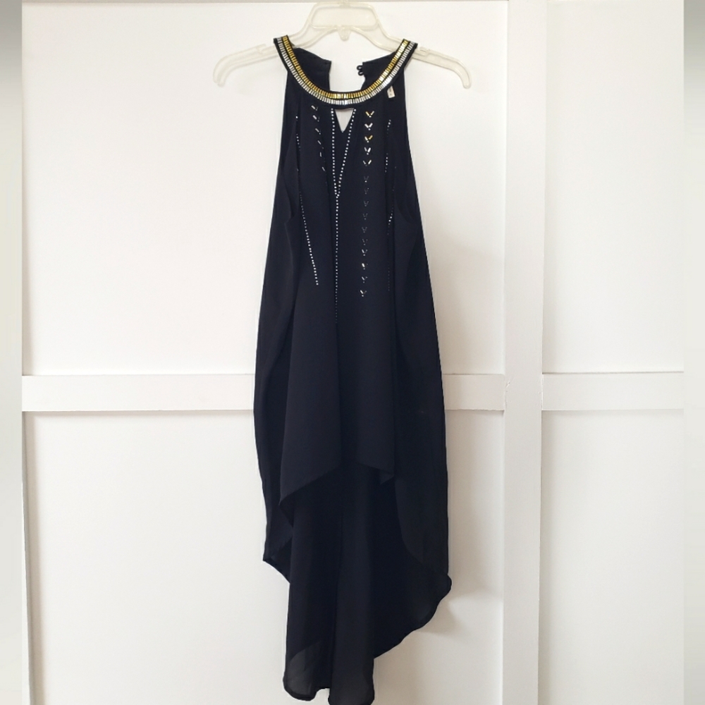 Black gold silver beaded high low sleeveless tunic blouse top size large